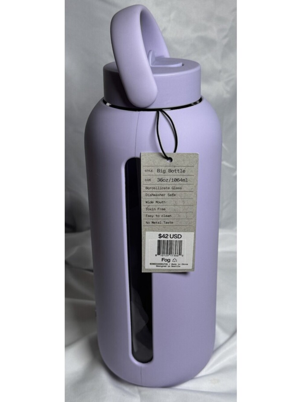 Bink 36 oz Big Water Bottle Flip Cap Lid w/straw Fog Purple Borosilicate Glass